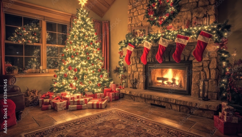 A cozy living room decorated for Christmas, with red and green stockings hanging from the fireplace A cozy living room decorated for Christmas, with red and green stockings hanging from the fireplace
