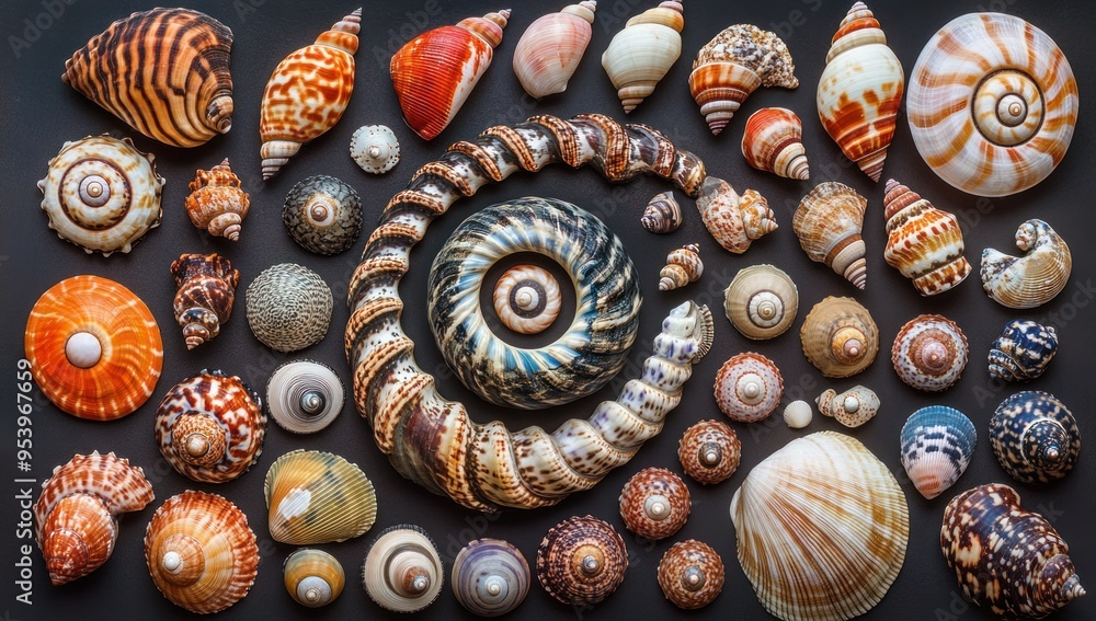 A collection of various sea shells arranged in an artistic display, including spiral and circular shapes A collection of various sea shells arranged in an artistic display, including spiral and circular shapes