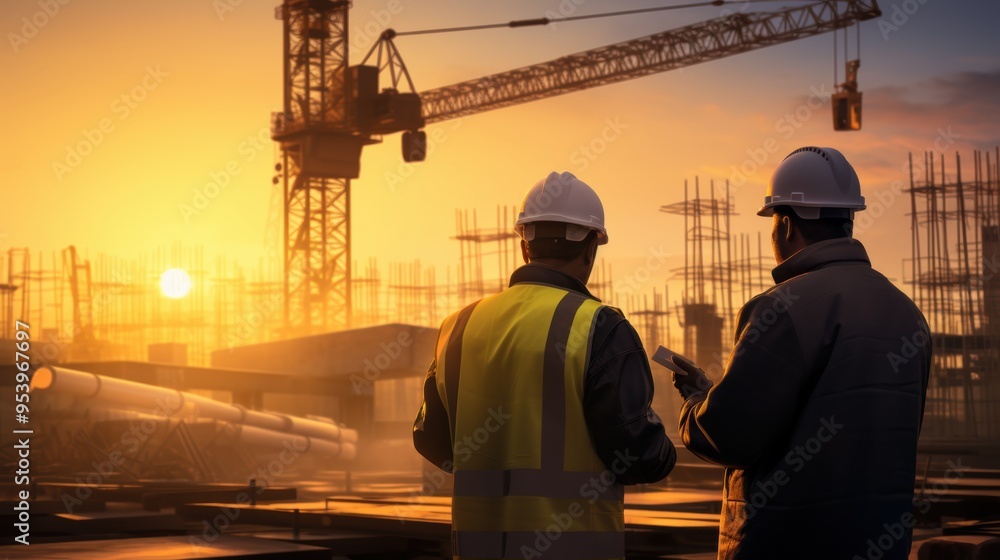 Asian Confident builder engineer posing at sunset on construction site Asian Confident builder engineer posing at sunset on construction site