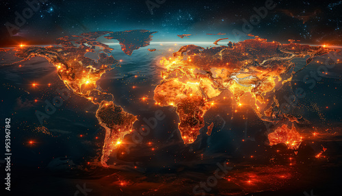 A map of the world with a lot of fire on it. The fire is orange and yellow and is covering the entire map