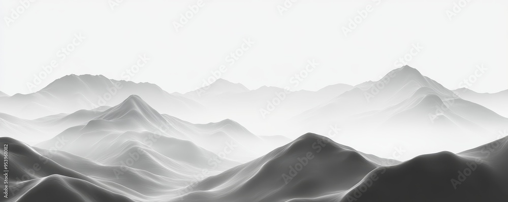 Obraz premium Monochrome mountain landscape with misty peaks and valleys, showcasing the serene and tranquil beauty of nature. Ideal for backgrounds and prints.