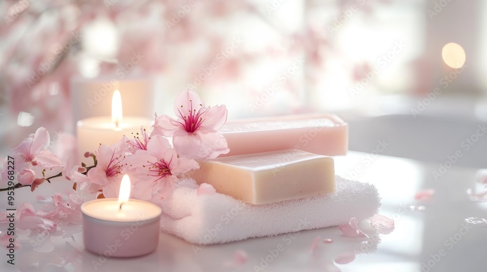 Handmade soap with candles and lily bloom in bathroom composition background Handmade soap with candles and lily bloom in bathroom composition background