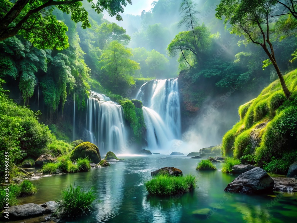 A serene and peaceful natural landscape with a calming waterfall, lush greenery, and a subtle mist, evoking feelings A serene and peaceful natural landscape with a calming waterfall, lush greenery, and a subtle mist, evoking feelings