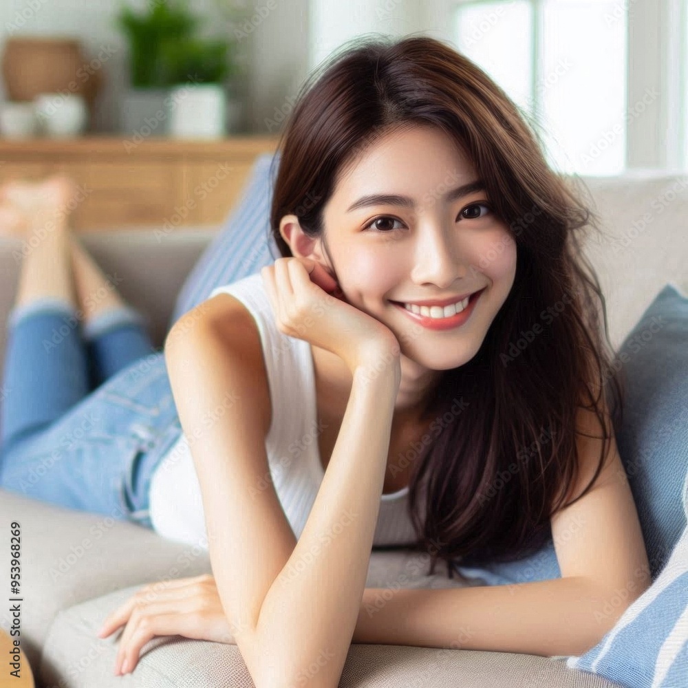 Beautiful young woman resting on comfortable sofa. Generated by AI. Beautiful young woman resting on comfortable sofa. Generated by AI.