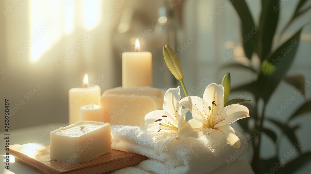 Handmade soap with candles and lily bloom in bathroom composition background Handmade soap with candles and lily bloom in bathroom composition background