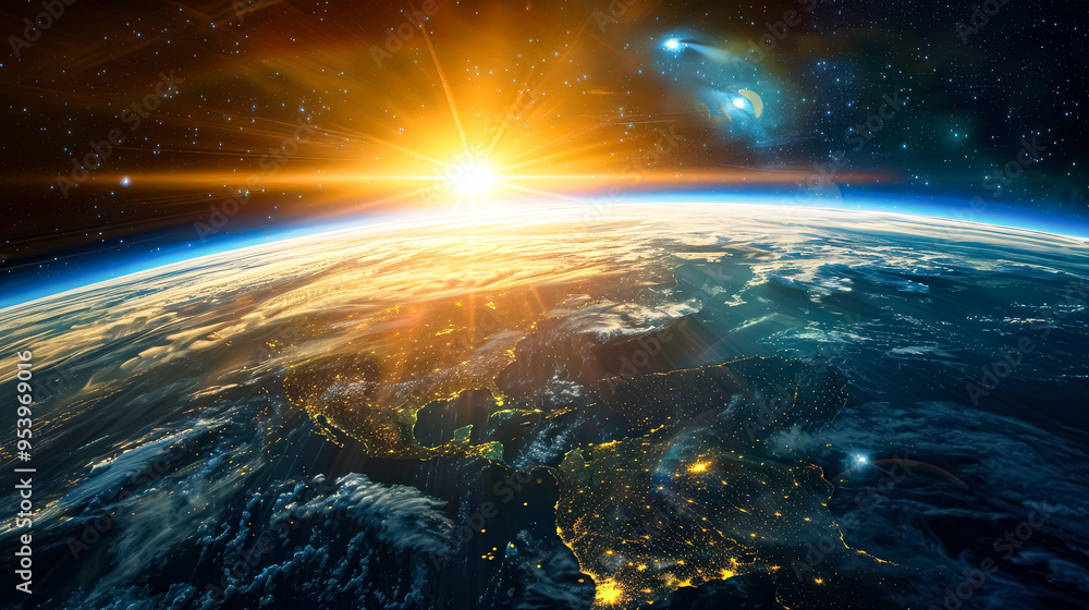 A clear blue sky with a few clouds scattered throughout. The sun is shining brightly, casting a warm glow on the planet below. Concept of tranquility and wonder A clear blue sky with a few clouds scattered throughout. The sun is shining brightly, casting a warm glow on the planet below. Concept of tranquility and wonder