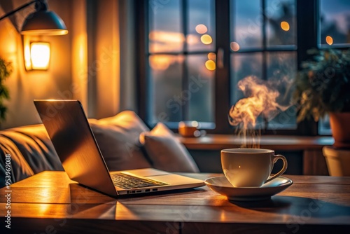 A serene, dimly lit room with a few scattered personal belongings, a laptop, and a steaming cup of photo