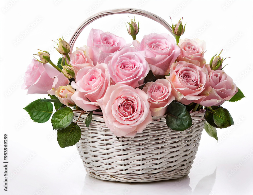 pink roses in the wicker basket isolated white background