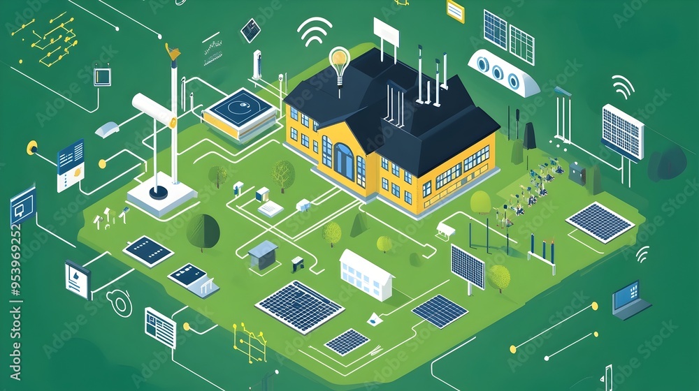 Innovative graphic showcasing IoT enabled energy management system for schools enabling efficient monitoring control and optimization of building energy usage for cost savings and sustainability Innovative graphic showcasing IoT enabled energy management system for schools enabling efficient monitoring control and optimization of building energy usage for cost savings and sustainability