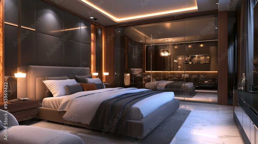 Stylish hotel bedroom interior with sofa and bed, glass partition, Generative Ai Stylish hotel bedroom interior with sofa and bed, glass partition, Generative Ai