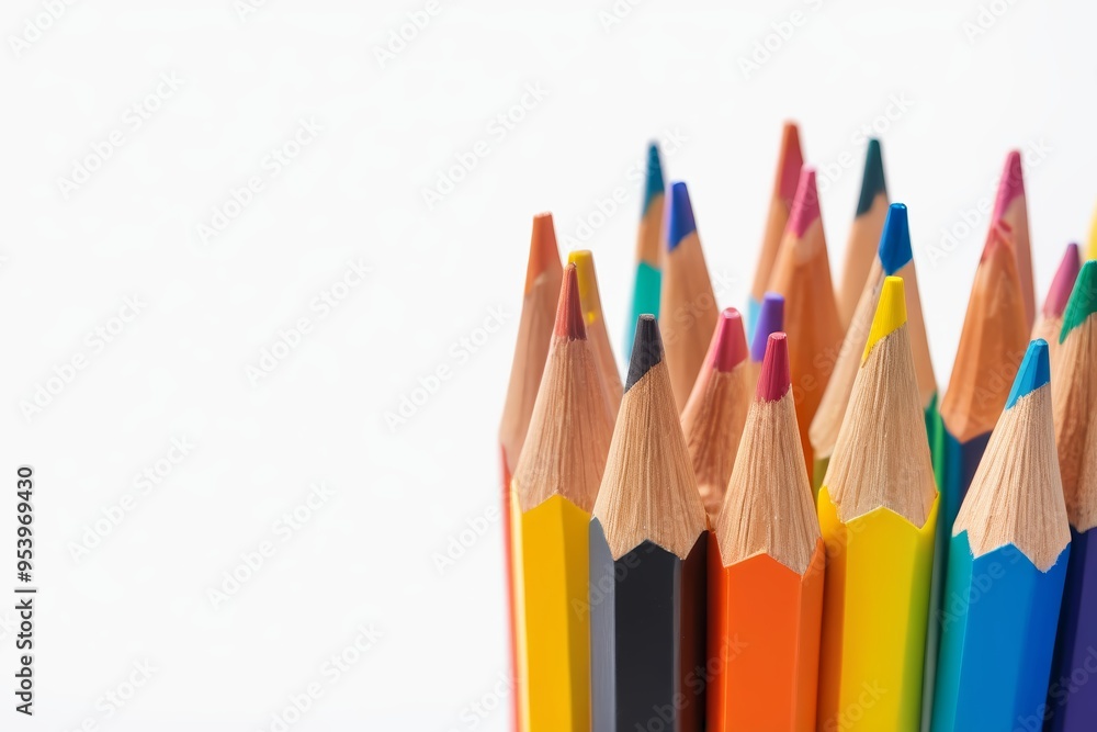 several colored pencils are lined up in a row on a white surface several colored pencils are lined up in a row on a white surface