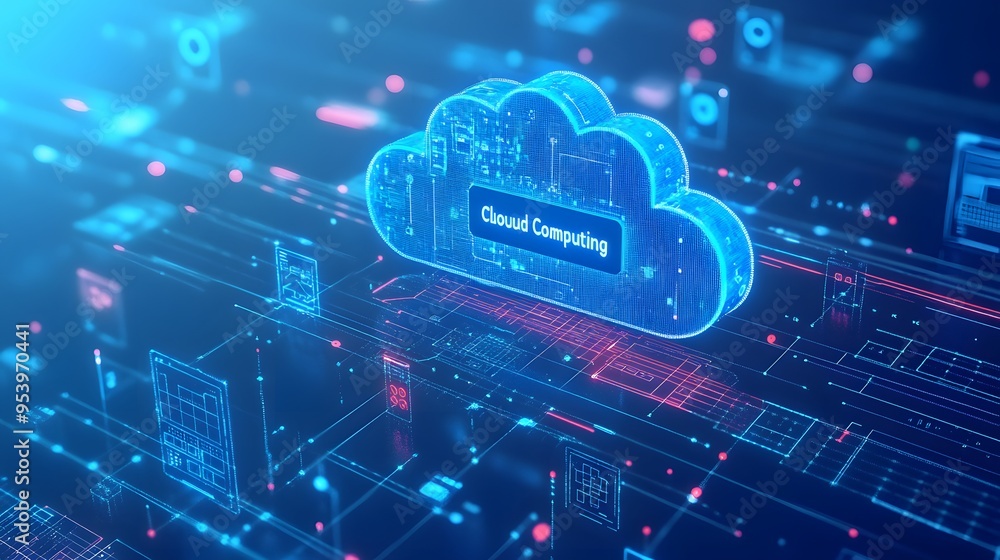 A cloud with data blocks floating around it, surrounded by digital lines and icons representing technology in the background. A cloud with data blocks floating around it, surrounded by digital lines and icons representing technology in the background.