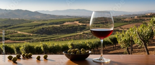 Sherry Glass with Olives and Andalusian Vineyard View photo