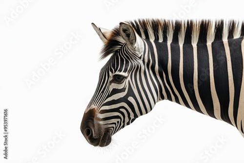 zebra with black and white stripes standing in front of a white background                         photo