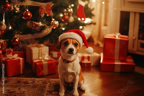 Santa hat wearing dog sitting by the christmas tree surrounded by presents.