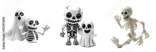 Cute Halloween Skeletons and Ghosts D Illustration