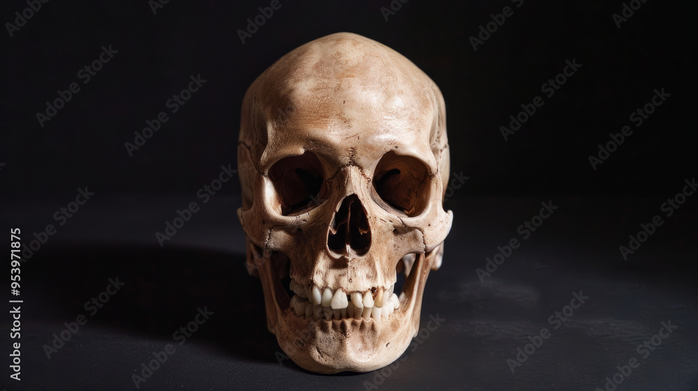 Realistic Human Skull on a Black Background for Halloween, Medical Study, and Dark Art Concepts Realistic Human Skull on a Black Background for Halloween, Medical Study, and Dark Art Concepts