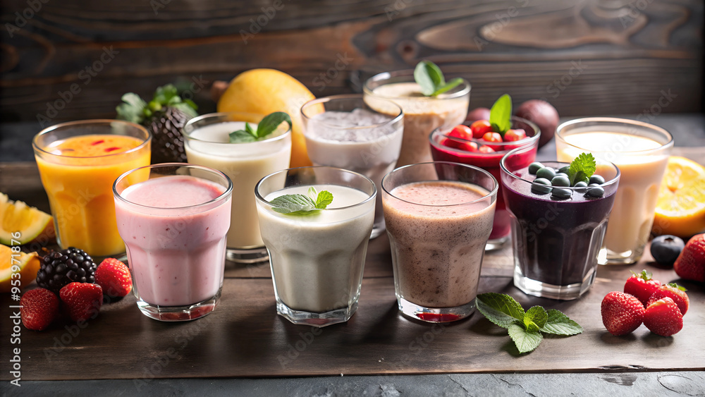 Various of Fruits Smoothie in glass isolated on background, flat lay view of summer drinks and beverages juice for refreshment. Various of Fruits Smoothie in glass isolated on background, flat lay view of summer drinks and beverages juice for refreshment.