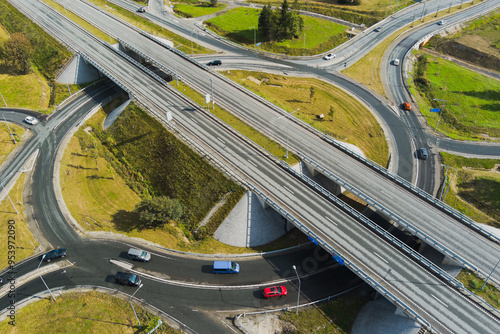 Viaduct type road and roundabout, Peterburi tee when entering Tallinn. Photo view from a drone.