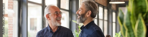 Two men are smiling at each other in a room. One of them is wearing a blue shirt with a polka dot pattern photo