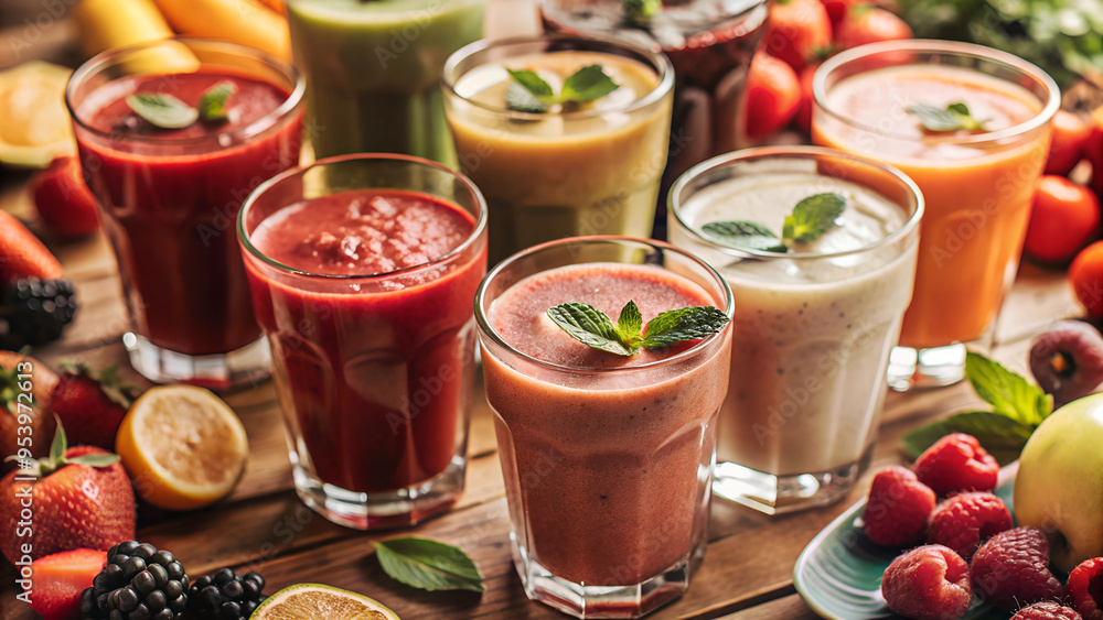 Various of Fruits Smoothie in glass isolated on background, flat lay view of summer drinks and beverages juice for refreshment. Various of Fruits Smoothie in glass isolated on background, flat lay view of summer drinks and beverages juice for refreshment.