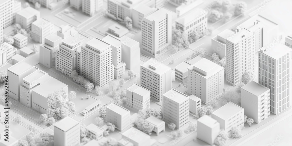 Isometric White City Model, Clean Aerial View of Simplified Urban Layout, Buildings and Streets in a Minimalist Style, Monochrome Architecture Design Isometric White City Model, Clean Aerial View of Simplified Urban Layout, Buildings and Streets in a Minimalist Style, Monochrome Architecture Design