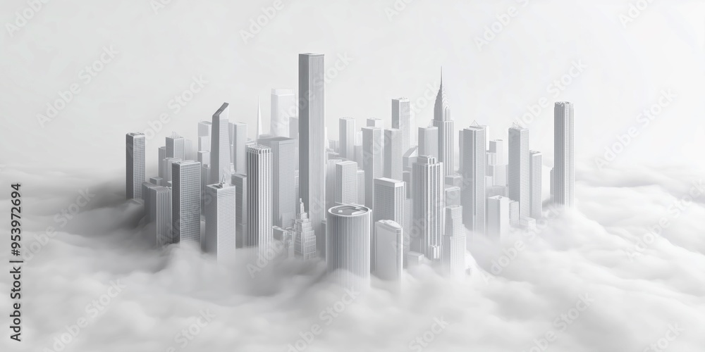 Fototapeta premium Isometric White City Model, Clean Aerial View of Simplified Urban Layout, Buildings and Streets in a Minimalist Style, Monochrome Architecture Design