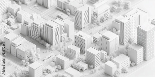 Fototapeta Naklejka Na Ścianę i Meble -  Isometric White City Model, Clean Aerial View of Simplified Urban Layout, Buildings and Streets in a Minimalist Style, Monochrome Architecture Design