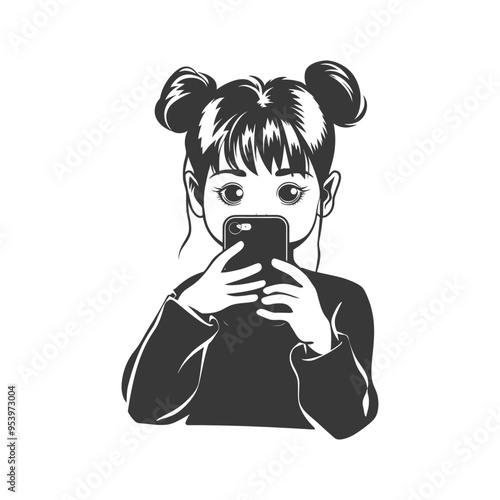 A Young Girl With Pigtails Using a Smartphone