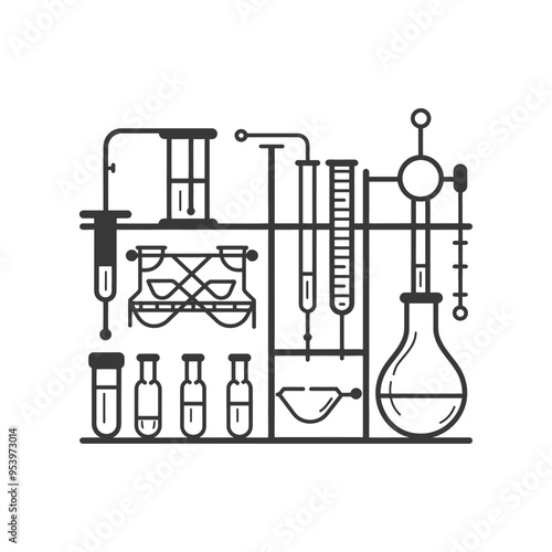 Black and white line art illustration of a laboratory with beakers flasks and tubes