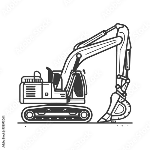 Black and White Line Art Illustration of an Excavator