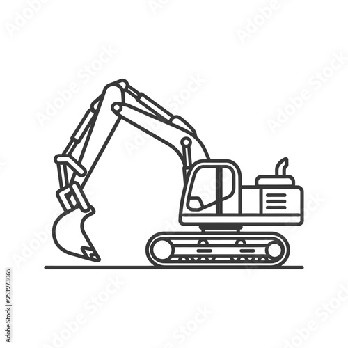 Black and white line art illustration of an excavator
