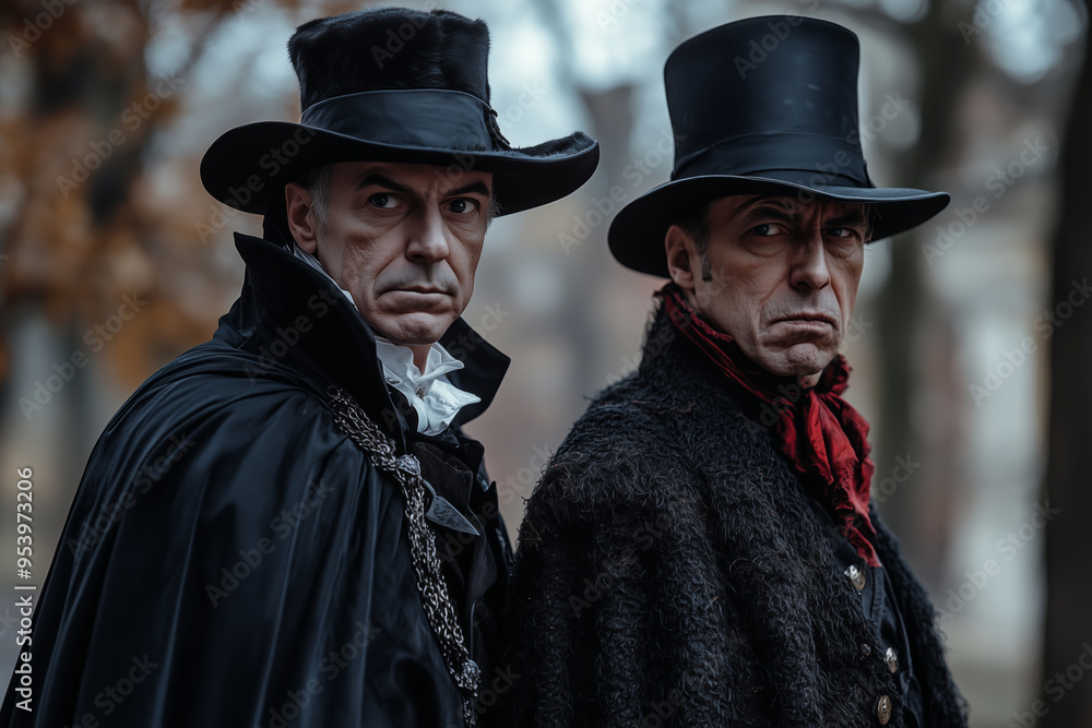 A humorous encounter between Dracula and a determined hunter unfolds beneath a moonlit sky in a shadowy Victorian setting A humorous encounter between Dracula and a determined hunter unfolds beneath a moonlit sky in a shadowy Victorian setting