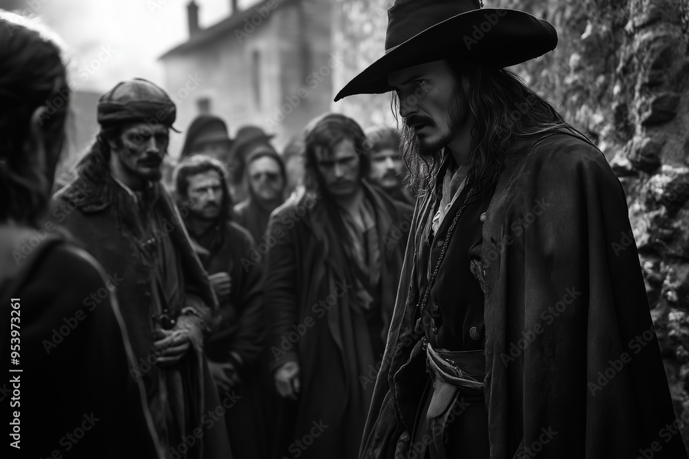 Dracula leads a tense discussion with villagers about defending against impending threats in a misty medieval town Dracula leads a tense discussion with villagers about defending against impending threats in a misty medieval town