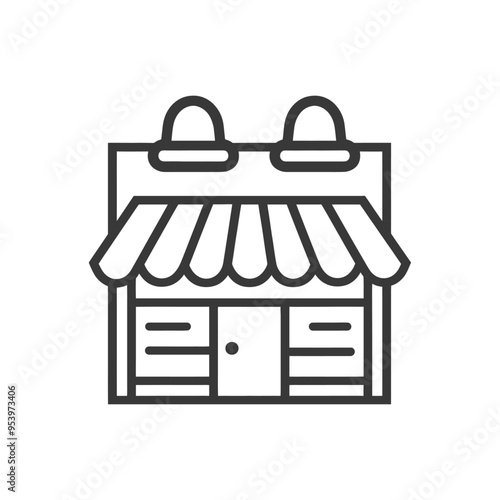 Black and white line art illustration of a storefront