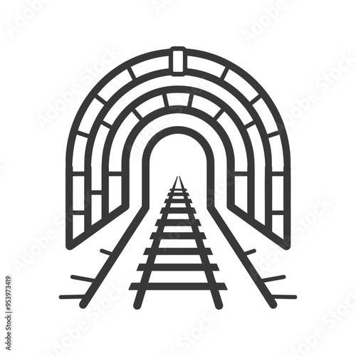 Black and white line art illustration of a train track leading into a tunnel