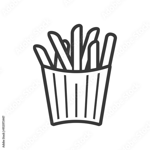Black and white line art illustration of french fries in a paper cup