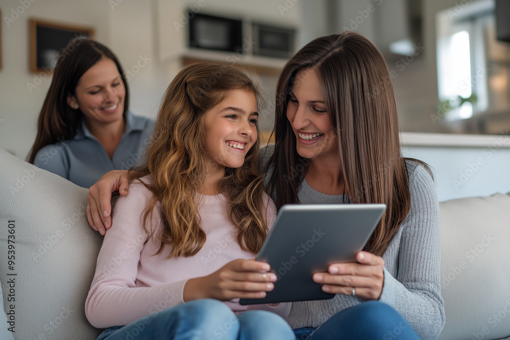 Two women and a girl are sitting on a couch looking at a tablet Two women and a girl are sitting on a couch looking at a tablet