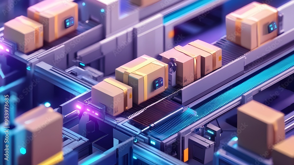 Graphic of an Automated Parcel Sorting and Processing System Utilizing IoT Sensors and Technology for Efficient Inventory Management and Distribution Graphic of an Automated Parcel Sorting and Processing System Utilizing IoT Sensors and Technology for Efficient Inventory Management and Distribution