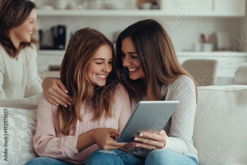 Three women, likely family, are looking at a tablet computer