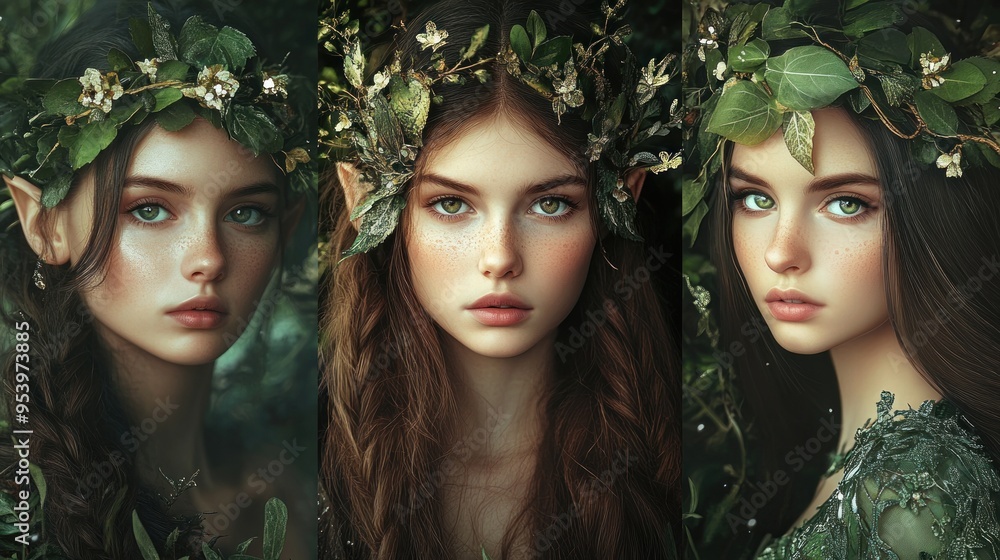 Beautiful fantasy fairy tale elf woman princess portrait collection set wallpaper AI generated image Beautiful fantasy fairy tale elf woman princess portrait collection set wallpaper AI generated image