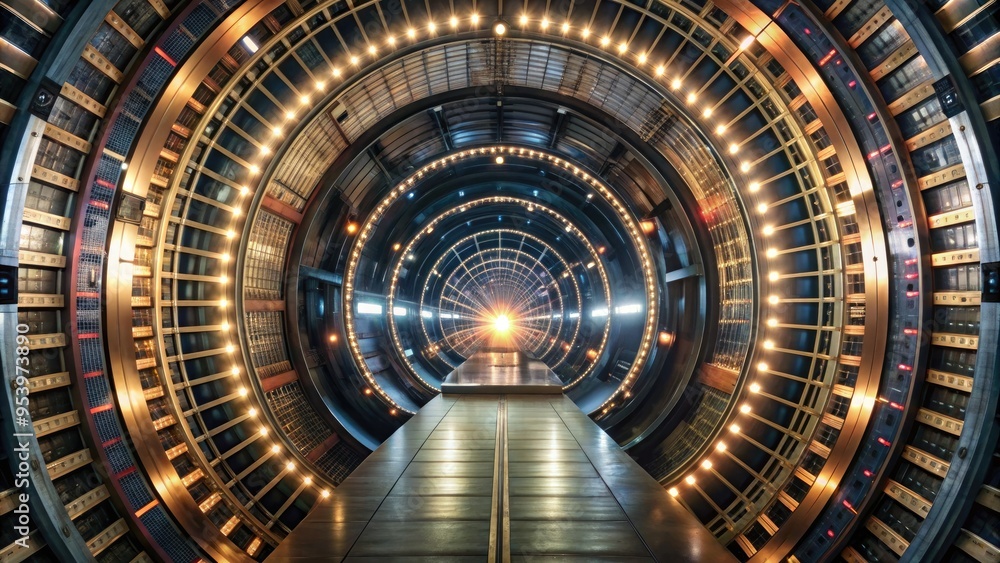 A futuristic tunnel with glowing concentric lights. A futuristic tunnel with glowing concentric lights.