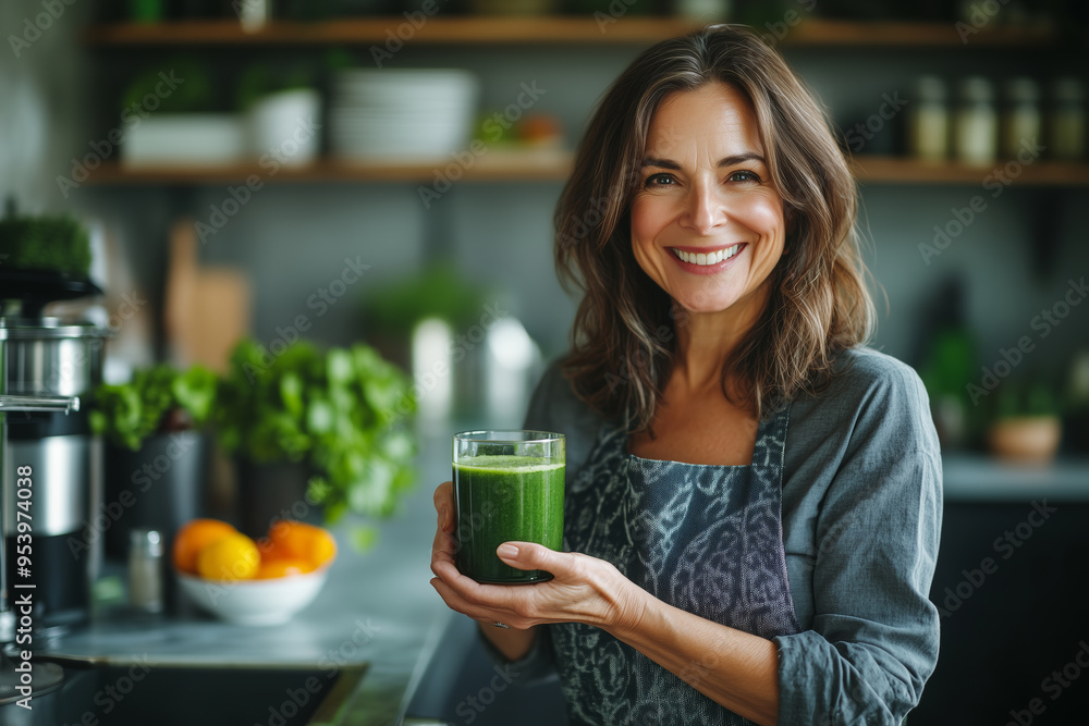 Smiling vegetarian woman holding a green smoothie in a vibrant kitchen filled with fresh ingredients and sunlight during the afternoon Smiling vegetarian woman holding a green smoothie in a vibrant kitchen filled with fresh ingredients and sunlight during the afternoon