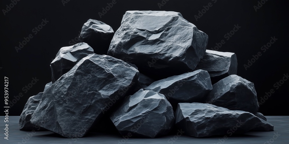 Pile of Black Stones in a Dark Room, Textured Surface and Monochrome Color Scheme, Bold and Rugged Abstract Sculpture for Modern Art Enthusiasts Pile of Black Stones in a Dark Room, Textured Surface and Monochrome Color Scheme, Bold and Rugged Abstract Sculpture for Modern Art Enthusiasts