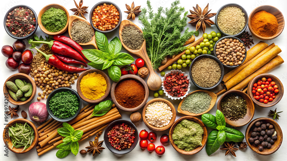Top view of Herbs and spices isolated on background, ingredients for cooking food, healthy vegetables food, high fibers and vitamins. Top view of Herbs and spices isolated on background, ingredients for cooking food, healthy vegetables food, high fibers and vitamins.