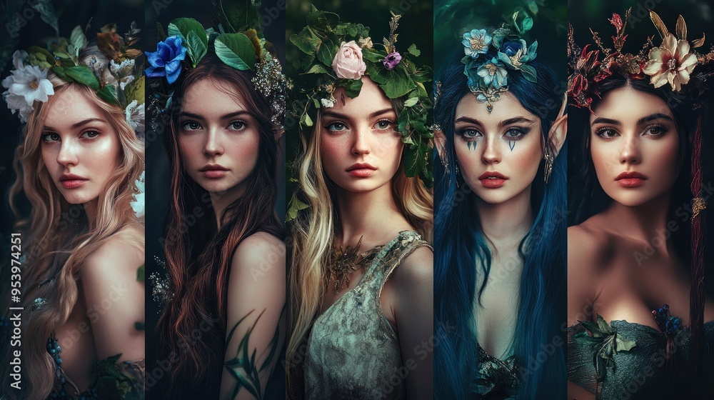 Fototapeta premium Beautiful fantasy fairy tale elf woman princess portrait collection set wallpaper AI generated image