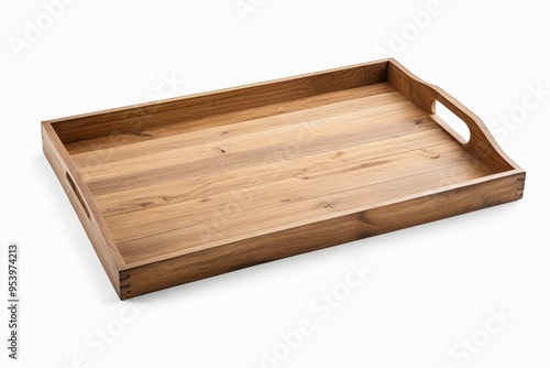 there is a wooden tray with handles on a white surface 