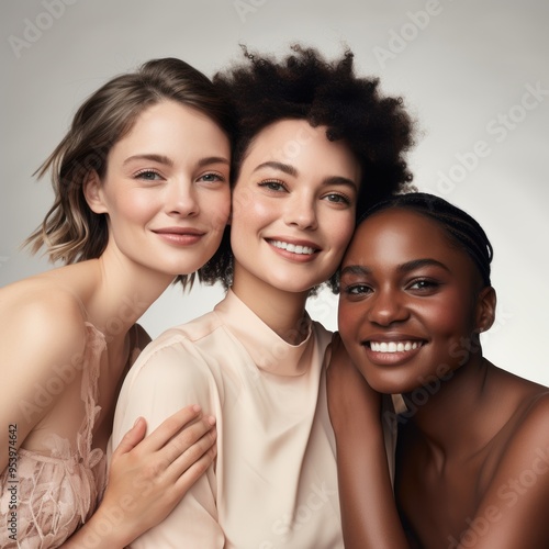 Group close up portrait of people in studio with different skin tones on white background