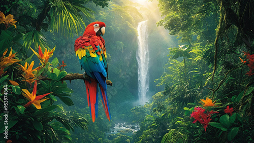 A colorful parrot sits on a branch near a misty waterfall in a vibrant jungle.