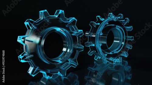 Two Blue Transparent Gears on a Black Background